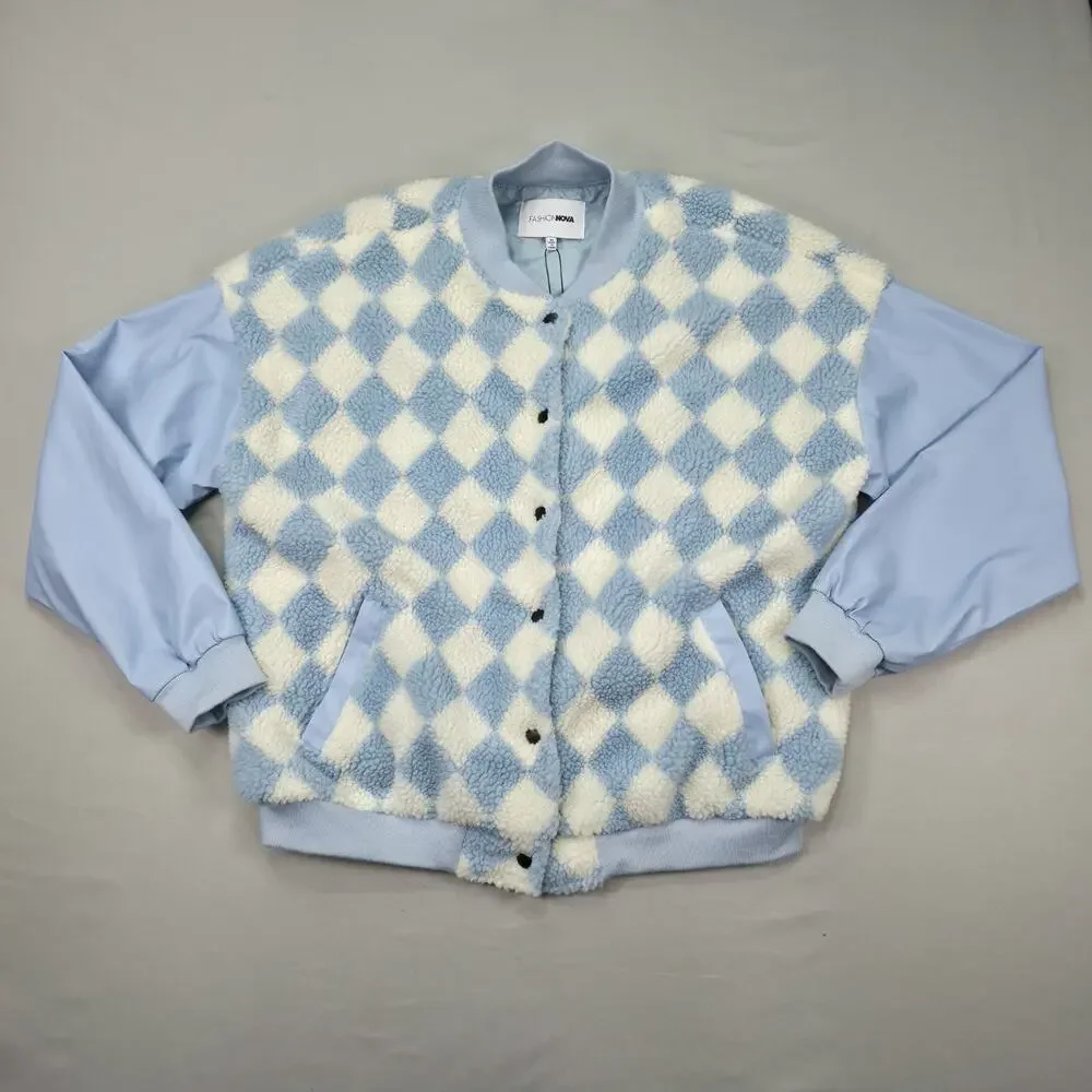 Fashion Nova Womens XL Something About You Varsity Jacket Sherpa Argyle